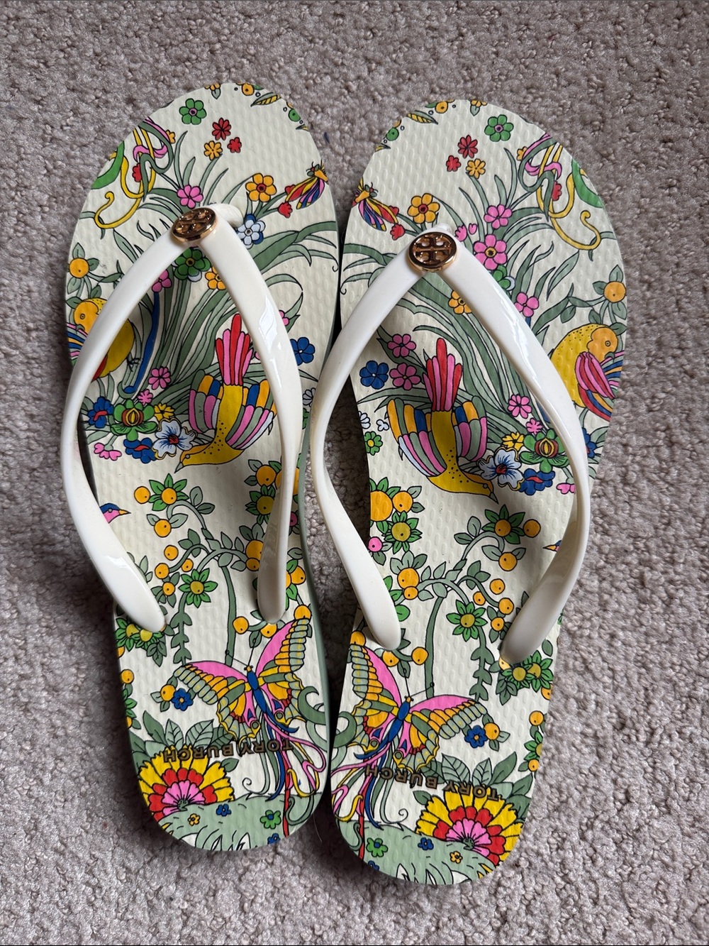 Tory Burch White Floral & Bird Print Flip Flop Sandals